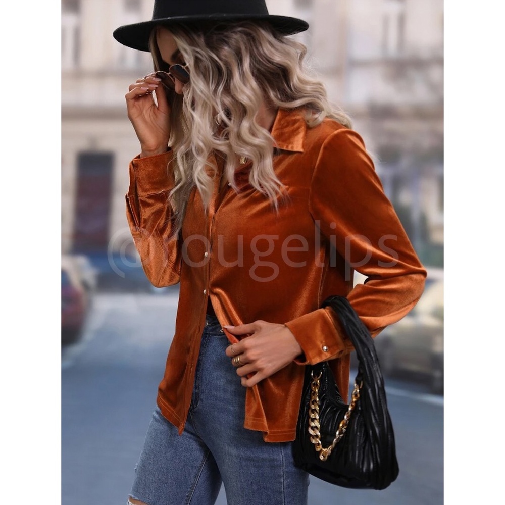 Velvet Rust Brown / Orange Casual Button Up / Down Shirt Collar, V-Neck - Picture 5 of 9